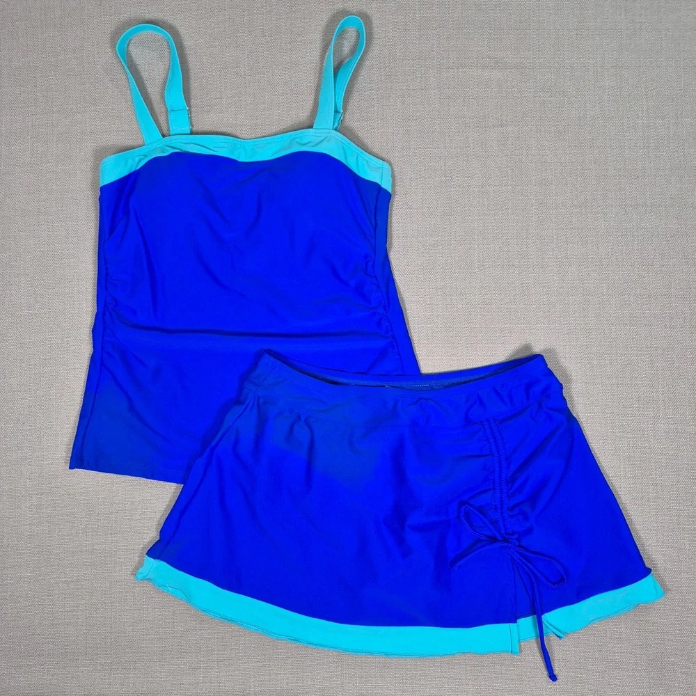 Tempt Me Womens Blue Tankini Swimsuit with Tummy Control Swim Skirt Size S